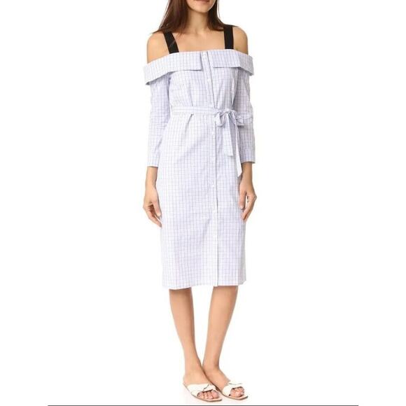 English Factory Plaid Midi Dress Size L Off Shoulder Shirt Full Button Front - Picture 1 of 8